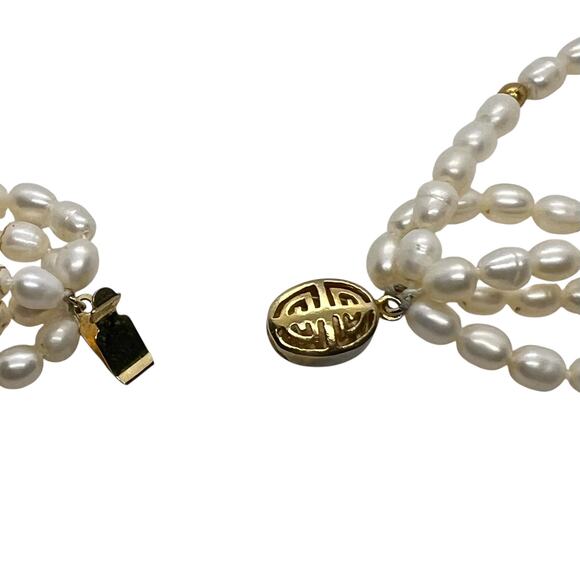 Vintage 5 Strand Faux Pearl Necklace-Rice Beads-Gold Tone Clasp-Multi-Choker-80s - Picture 4 of 7